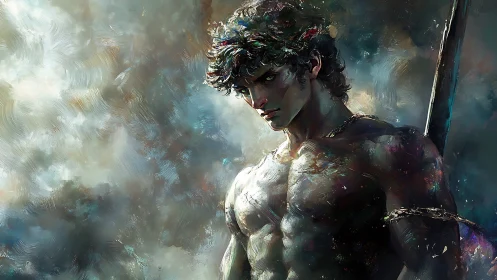Mythic warrior portrait with luminous brushstroke atmosphere