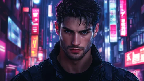 Male figure in neon city street with illuminated signage.