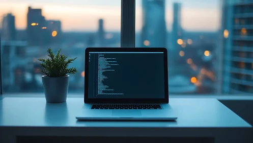 Cozy coding desk with laptop and plant at city sunset.