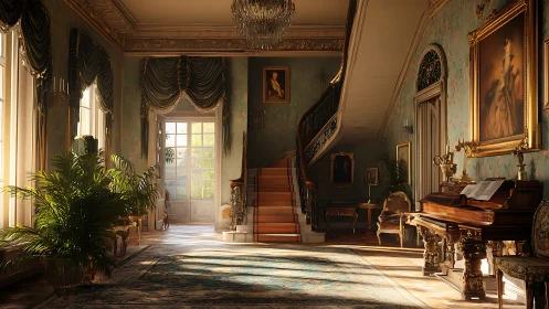Grand salon staircase in sunlit neoclassical manor interior.