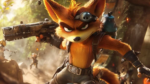 Anthropomorphic fox mercenary aims heavy rifle in dynamic jungle