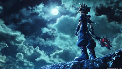 Spiky haired warrior stands on rocky cliff under full moon