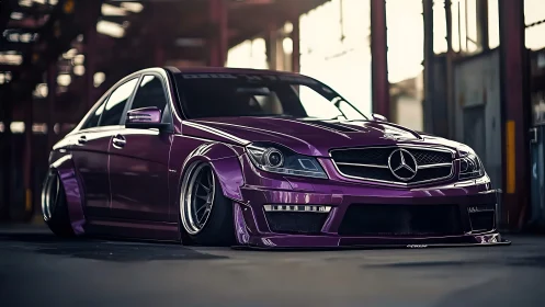 Stanced purple Mercedes sedan sits low in industrial light