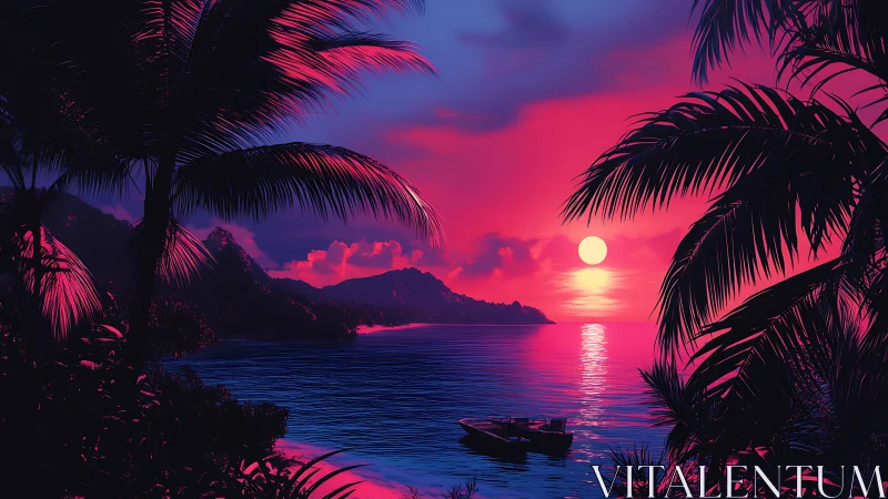 Dreamy neon island sunset with quiet palm-framed shore.