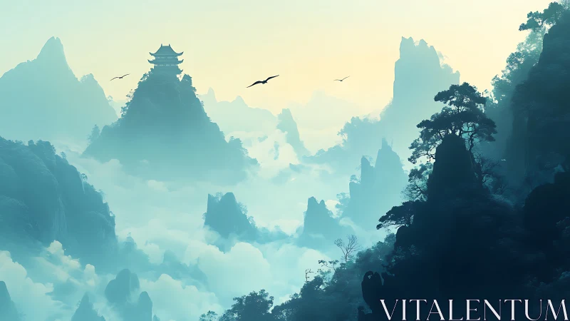 Misty mountain temple rises serenely above drifting cloud seas