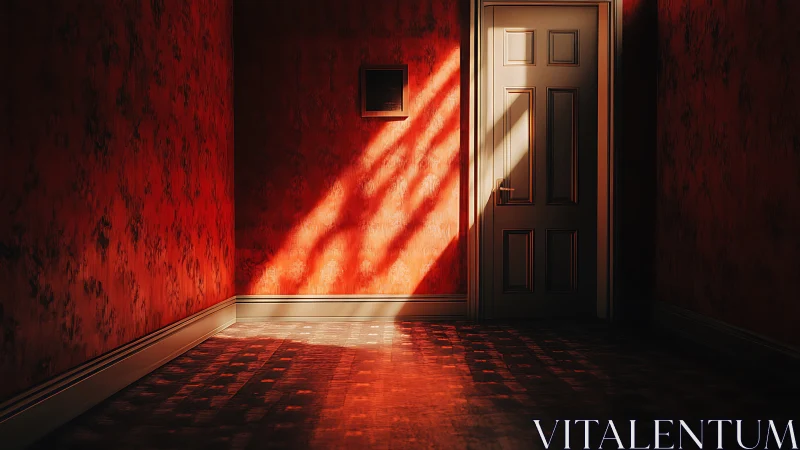 Sunlight cuts across red hallway toward closed interior door