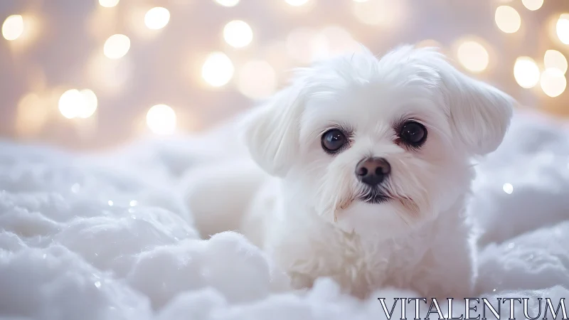 High-key portrait of white toy dog amid bokeh luminance field.