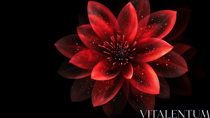 Red digital flower with layered translucent petals on black.