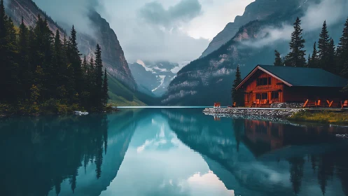 Tranquil red lakeside cabin rests beneath misty alpine peaks