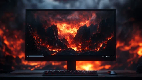 Ultra-wide gaming monitor with volcanic lava scene display
