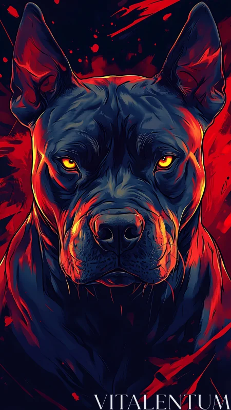 Intense stylized dog portrait in bold red and blue tones.