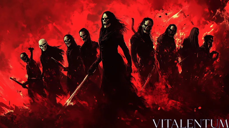 Grim warrior circle stepping from swirling crimson shadows.