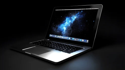 Starlit laptop portal casting cosmic glow on midnight desk.