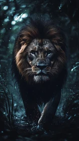 Nocturnal lion stride in rain-soaked jungle corridor, frontal