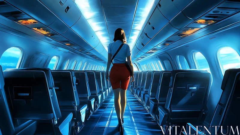 Solitary passenger walking through sunlit airplane cabin.