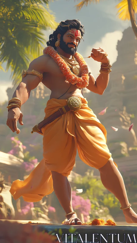 Sunlit warrior-priest strides through petals and ancient stone