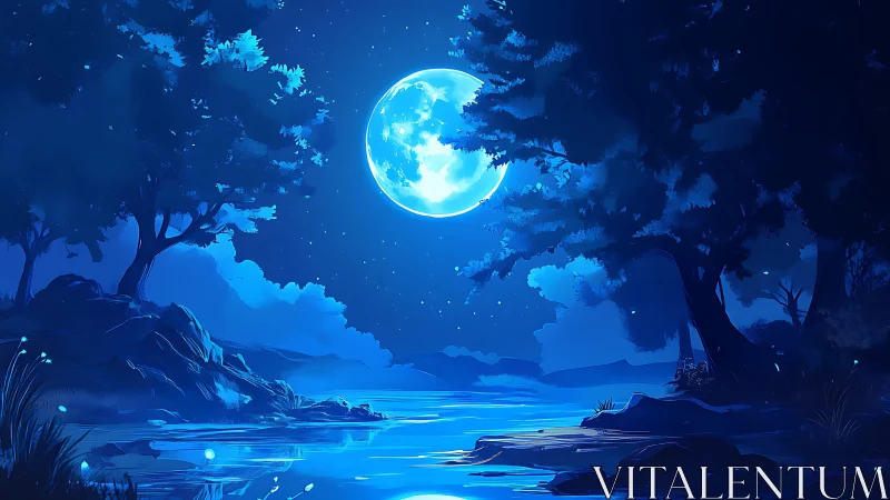 Moonlit forest river glows under deep midnight sky.