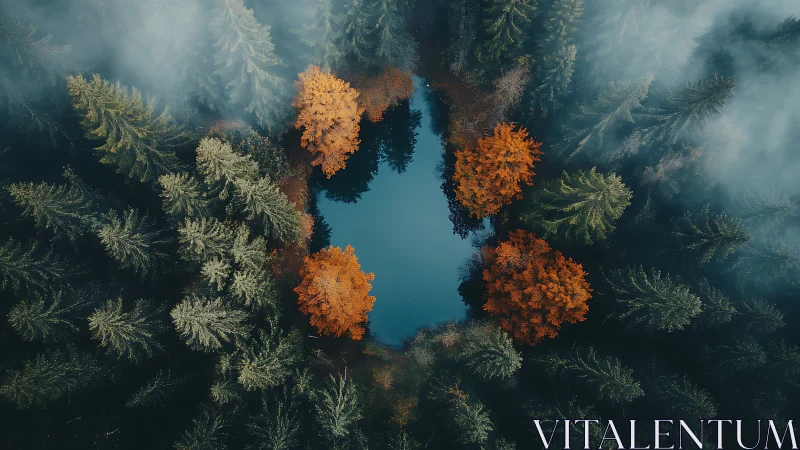 Autumn trees encircle misty forest pond from above.