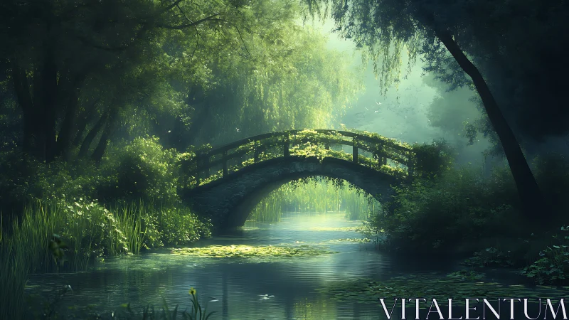 Misty forest stone bridge arches over reflective lily pond