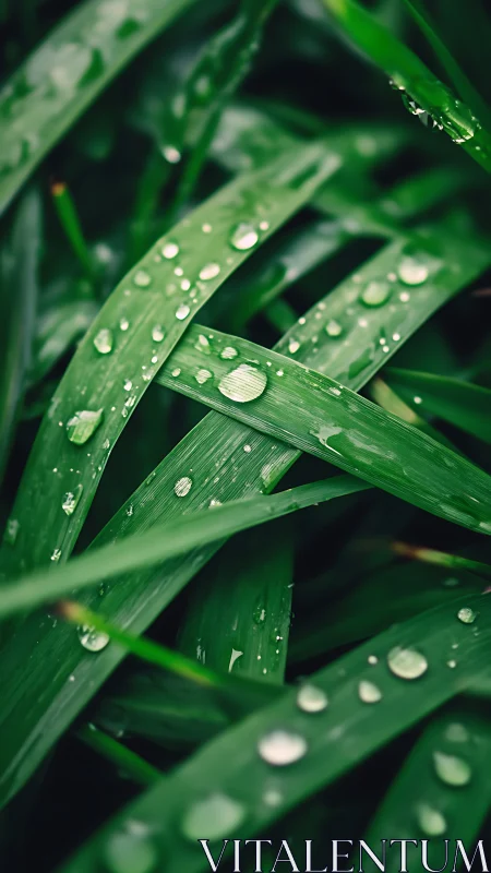 Morning raindrops rest gently on lush green grass blades