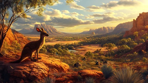 Sunlit kangaroo overlooking vast Australian canyonlands.