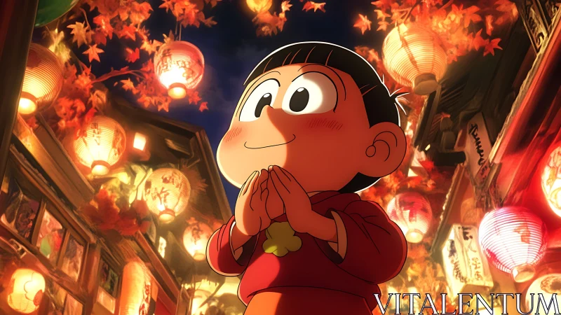 Joyful child in lantern-lit autumn festival street at dusk.