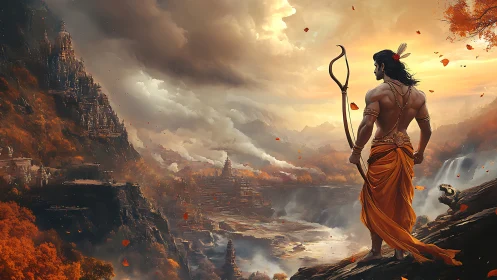 Archer overlooking fortified valley city at sunset panorama.