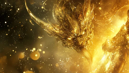 Golden horned dragon entity in luminous abstract field.