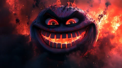 Fiery grinning sphere with glowing eyes in dark smoke.