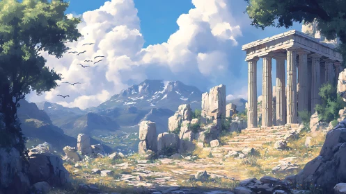 Sunlit ancient temple ruins rest beside serene mountain valley