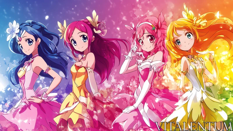 Rainbow quartet of magical girls ignite a sparkling aurora.