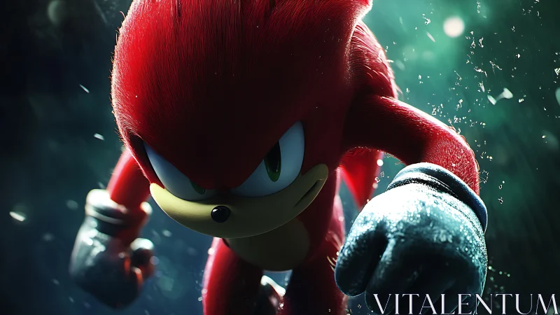 Cinematic 3D render of red anthropomorphic runner in motion.