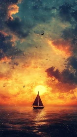 Sailboat silhouette under radiant cosmic sunset sky.