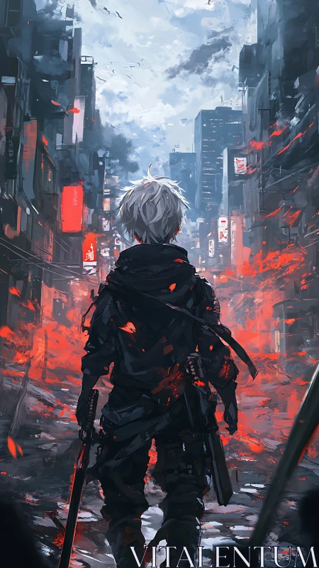 White haired soldier walks alone through ruined neon city