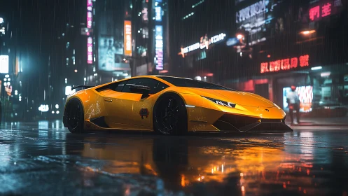 Yellow supercar slices through neon-lit rain in cyber-noir streets