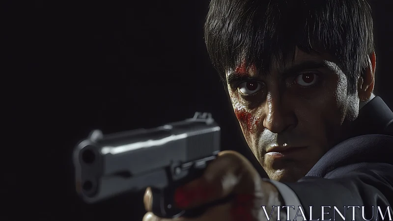 Gunman aims forward under harsh dramatic spotlight.