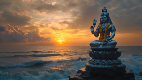 Metallic deity statue sits on coastal rock at ocean sunset