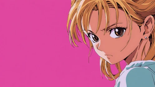 Intense anime portrait against bold magenta negative space.