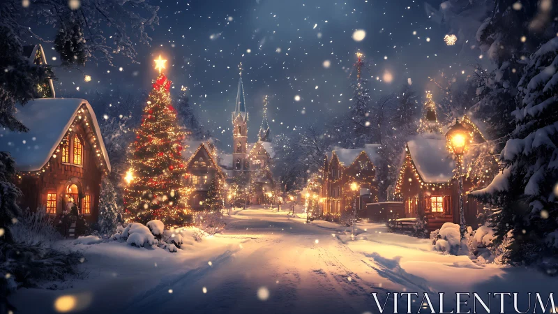 Snow-covered village street with illuminated Christmas lights.