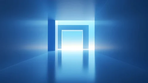 Minimalist blue corridor with glowing geometric doorway, modern style.