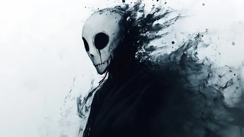 Gentle skull spirit drifting through soft inky shadows.