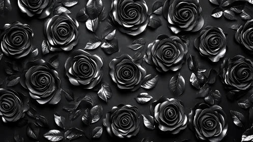 Metallic Black Roses Pattern on Dark Background.