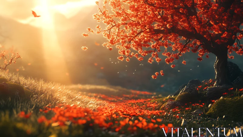 Backlit crimson tree crowns a sunlit meadow in autumn glow