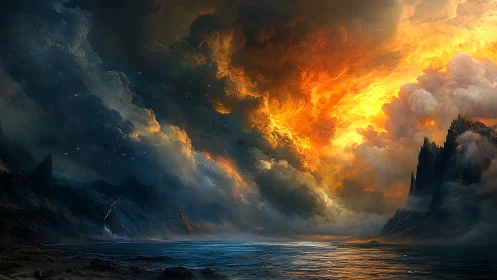 Stormlit volcanic coast ignites under a burning twilight sky