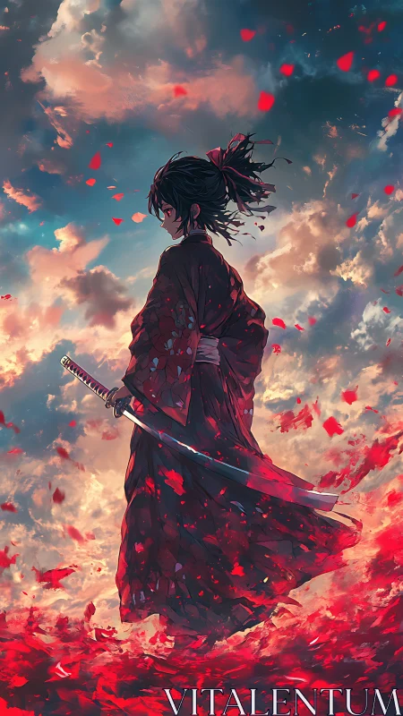 Samurai warrior stands amid crimson petals at dusk sky.
