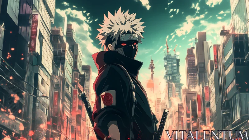 Masked swordsman dominates neon-lit dystopian city canyon in flames