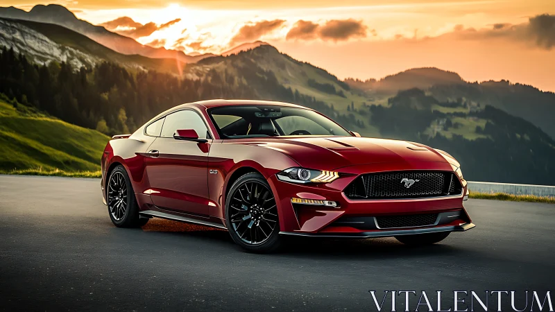 Red sports coupe on mountain road at sunset, front view.