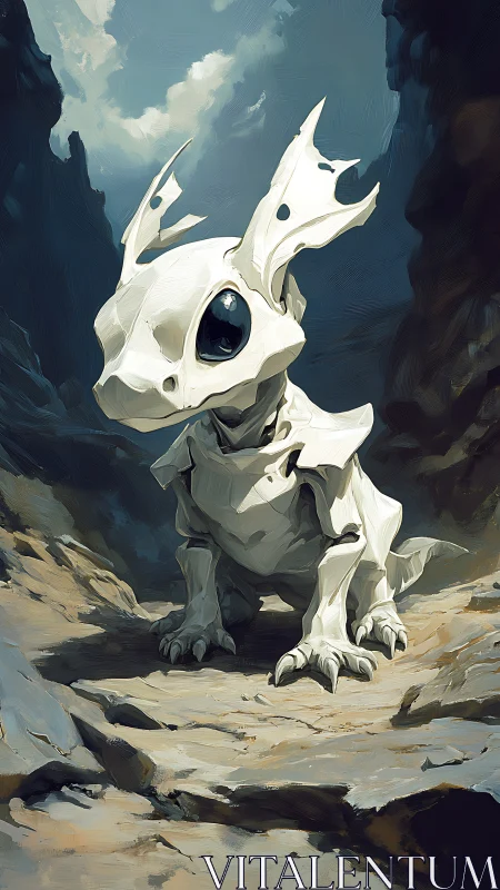 Bone-plated hatchling dragon rendered in stylized canyon chiaroscuro
