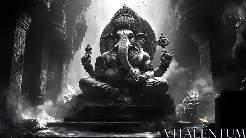 Monochrome digital rendering of seated Ganesha statue.