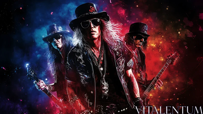 Rock guitar trio stride through neon smoke and fire storm.